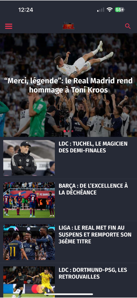 Bel Tv - Feed de notícias do aplicativo Bel Tv mostrando artigos de esportes em francês