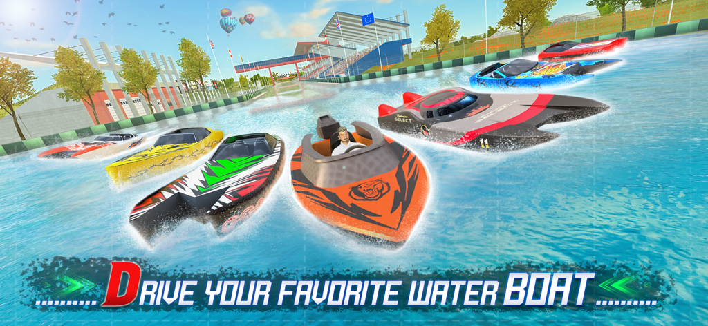 Boat Racing Driving Game 3d - Multiple colorful speedboats racing on a water track with a 3D stadium in the background.