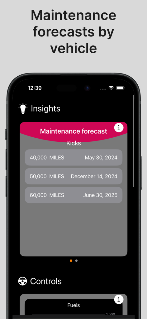Fuel Tracker - Gas & Mileage - Pantalla de la aplicación Fuel Tracker que muestra pronósticos de mantenimiento para un vehículo con próximos hitos de kilometraje y fechas