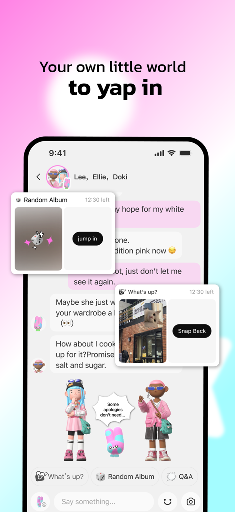 DokiDoki-Couple's Pet - Chat screen of the DokiDoki app showing personal avatars, shared photo widgets, and the text Your own little world to yap in.