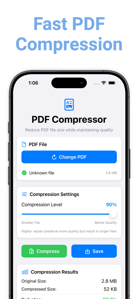iPhone-Bildschirm, der die Benutzeroberfläche der PDF Compressor-App mit Ergebnissen zur Reduzierung der Dateigröße zeigt