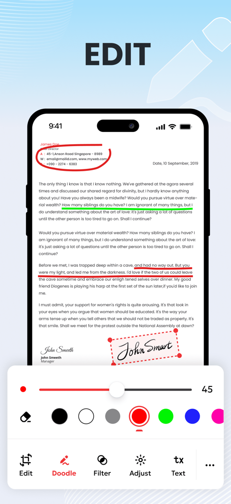 PDF Converter , Photo to PDF - Schermata dell'iPhone che mostra un documento in fase di modifica con lo strumento doodle nell'app PDF Converter