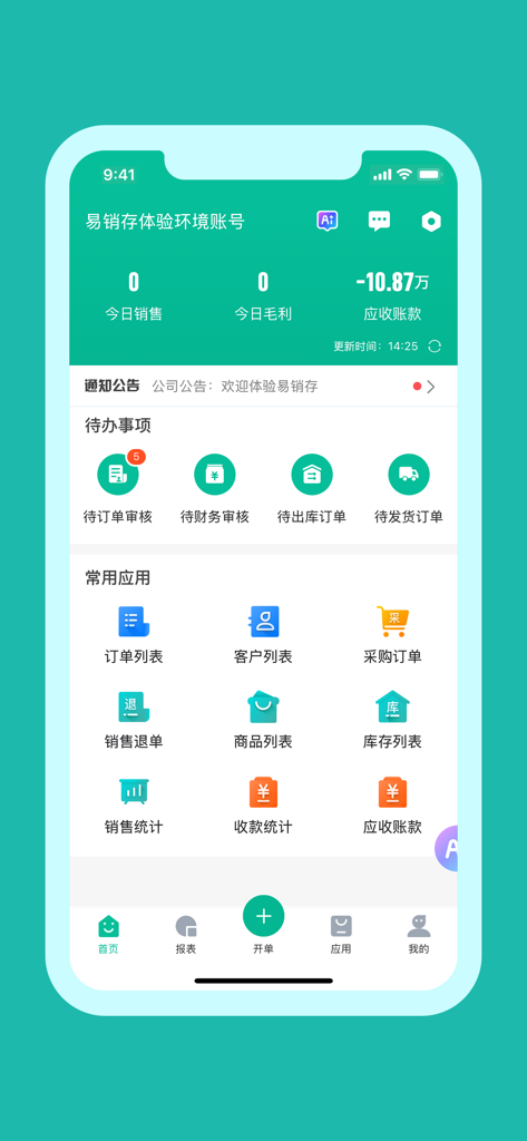 Panel de la aplicación Ircloud Easy Sales and Inventory que muestra métricas de negocio y herramientas de gestión en chino