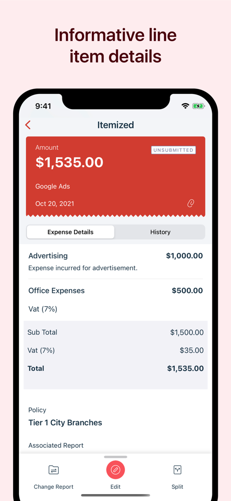 Zoho Expense: Travel & Expense - Zoho Expense App-Bildschirm, der detaillierte Einzelposten für eine Geschäftsreisekostenabrechnung anzeigt