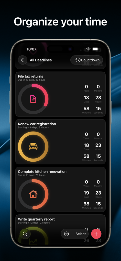 Interfaz de la aplicación Deadliner mostrando varias tareas como declaración de impuestos y renovación del hogar con temporizadores de cuenta atrás circulares visuales