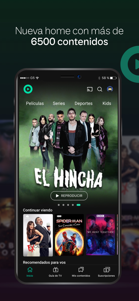 Flow - Interface do app Flow mostrando categorias de filmes e a série de TV argentina em destaque El Hincha