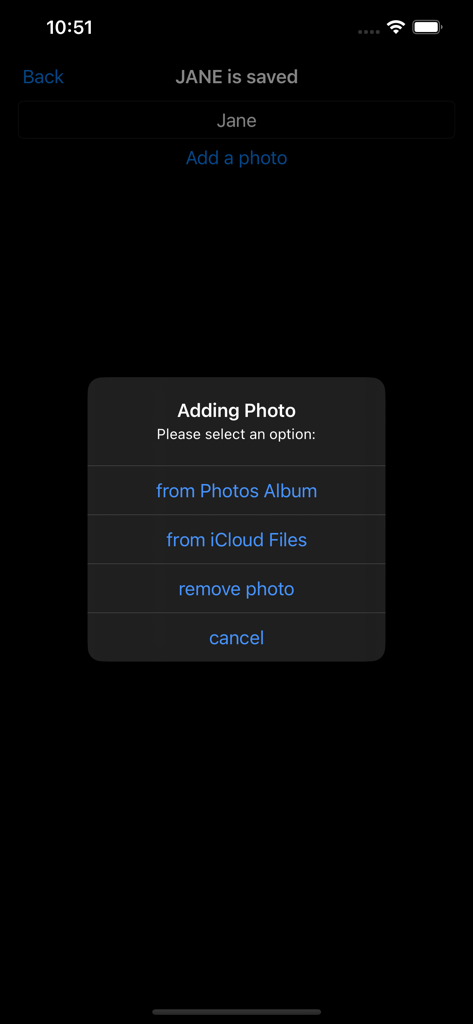 iFetal Pro - Options menu in the iFetal Pro app for adding a photo to a saved pregnancy profile from a photo album or iCloud