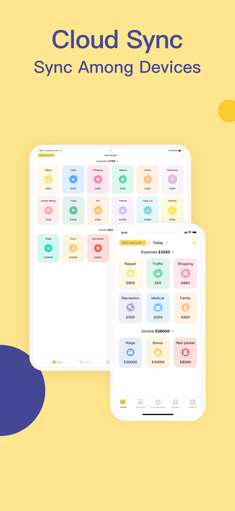 Budget app interface showing data synchronization across iPhone and iPad devices.