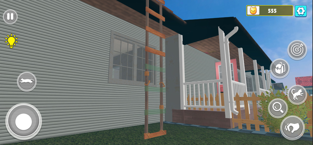 Captura de pantalla del juego Cat Runaway House Escape que muestra el exterior de una casa con una escalera de cuerda y controles de juego móvil.