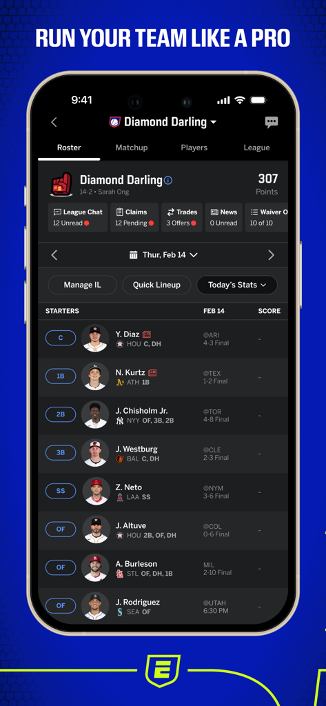 ESPN Fantasy Sports app interface showing a fantasy baseball team roster with player stats and league management options.