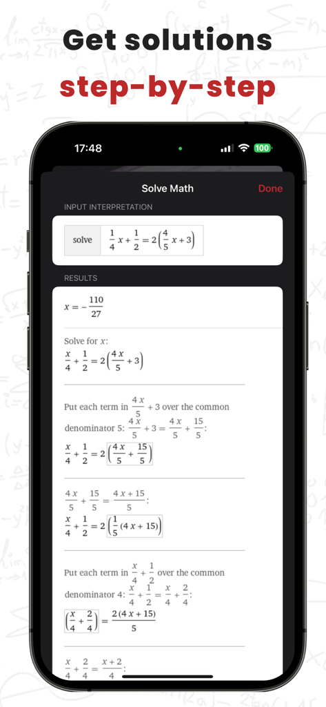 Mathly app interface showing a detailed step by step solution for an algebra equation on a smartphone