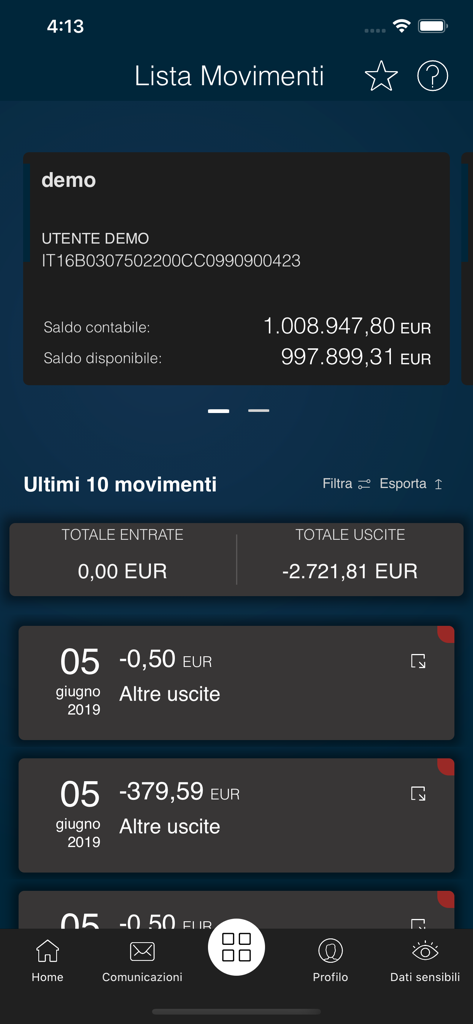 Banca di Piacenza - Schermata dell'app Banca di Piacenza che mostra l'elenco delle transazioni e il saldo del conto