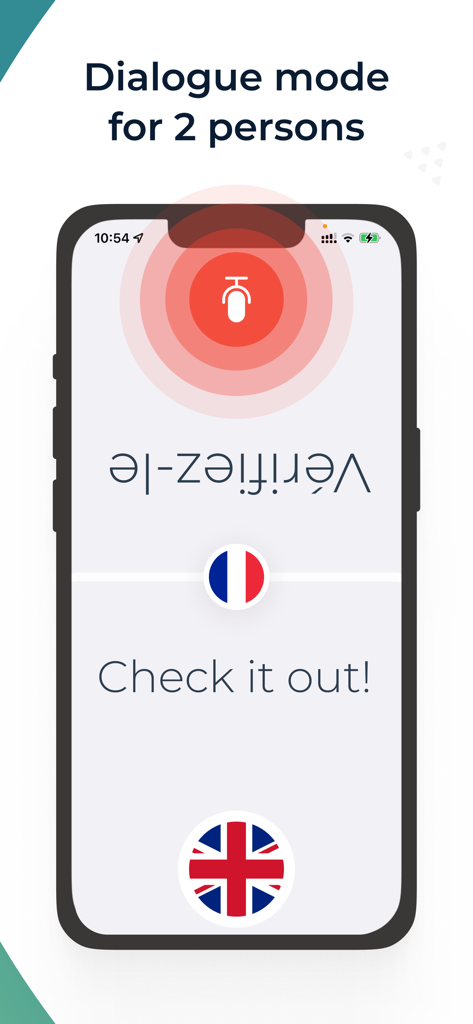Translate Duo Live Translator - Translate Duo app interface showing dialogue mode for two-way voice translation between English and French speakers on a split screen.