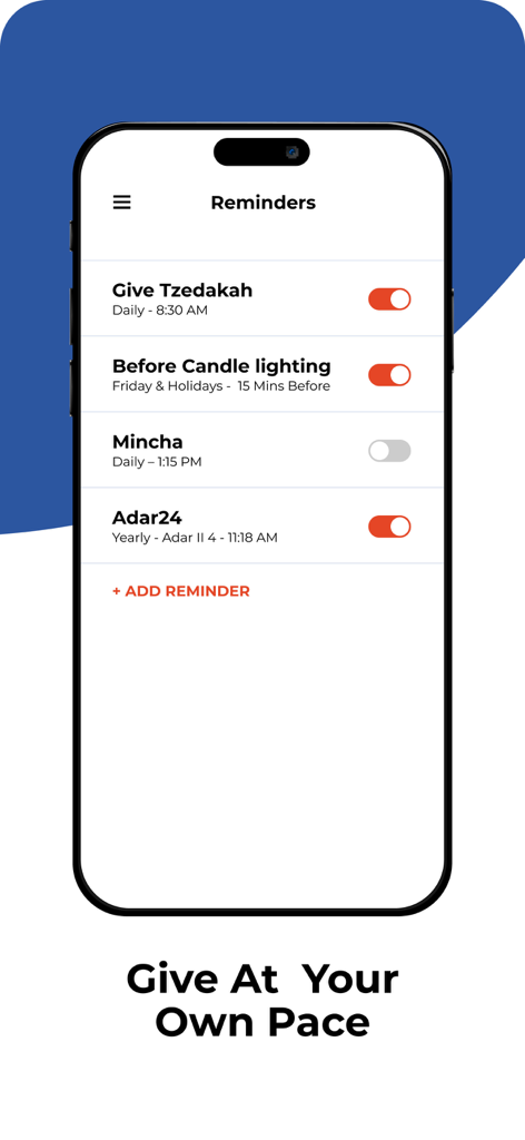 Tzedakah Pushka - Charity Box - A tela de lembretes do aplicativo Tzedakah Pushka mostrando alertas para caridade diária e acendimento de velas