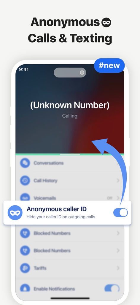 2nd Line - Second phone number - Interface de smartphone montrant la fonction d'identification de l'appelant anonyme pour les appels et SMS privés.