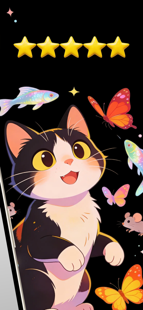 Cat Games: Tap & Play - Animated cat mascot with fish butterflies and mice under five stars
