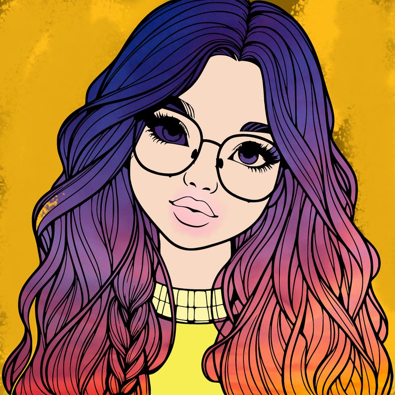 girl with long hair and freckles and glasses realistic