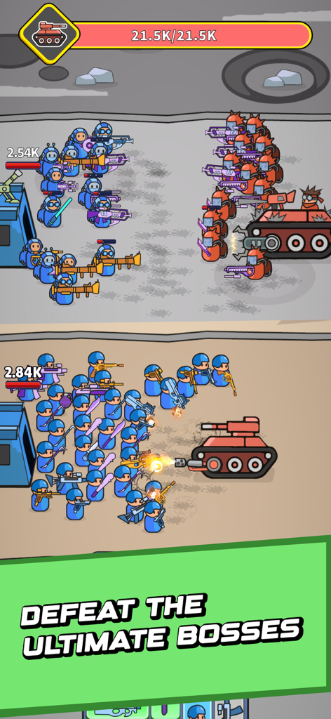 Battle Bag: War Zone - Blue squad attacking a red tank boss in Battle Bag War Zone gameplay.