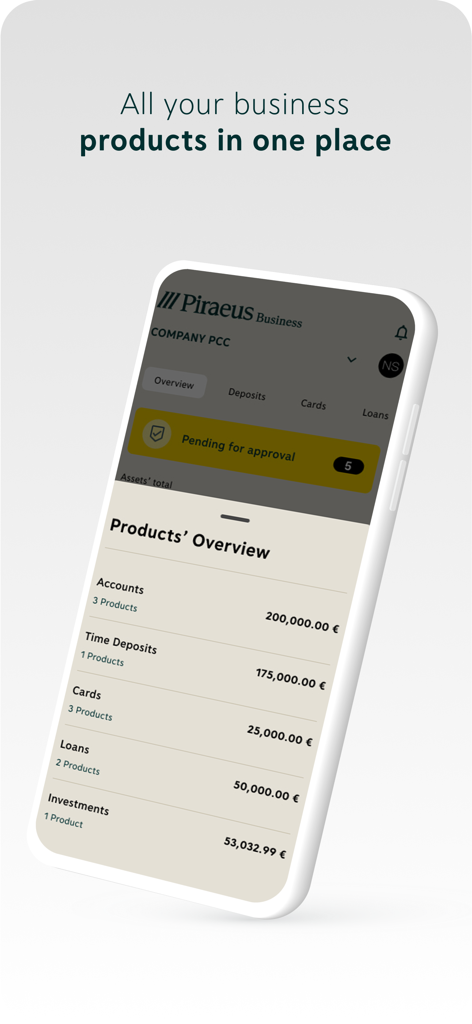 Piraeus Business app showing products overview with account balances and pending approvals