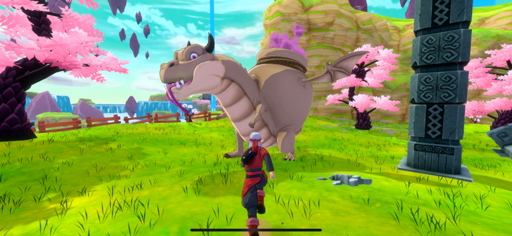 DQM: The Dark Prince - Psaro che incontra un grande mostro alato in un paesaggio vibrante con alberi di ciliegio in fiore