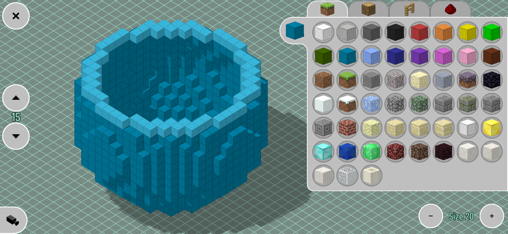 MC Constructor for Minecraft - Interfaz de herramienta de construcción de Minecraft que muestra la construcción de una esfera de bloques azules con una paleta de materiales.