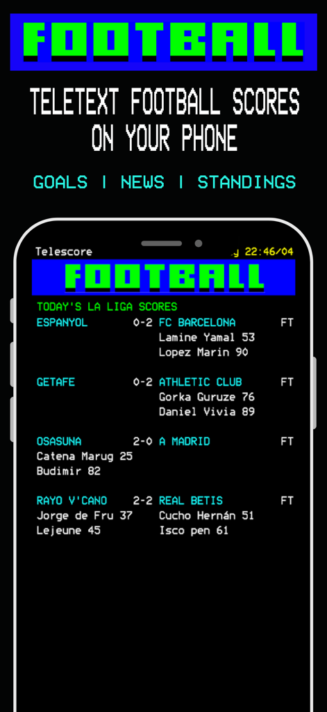 Telescore - Smartphone screen displaying the Telescore app with La Liga football scores in a vintage teletext design