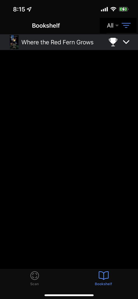 The bookshelf screen of the AR Book Scanner app showing a saved book titled Where the Red Fern Grows