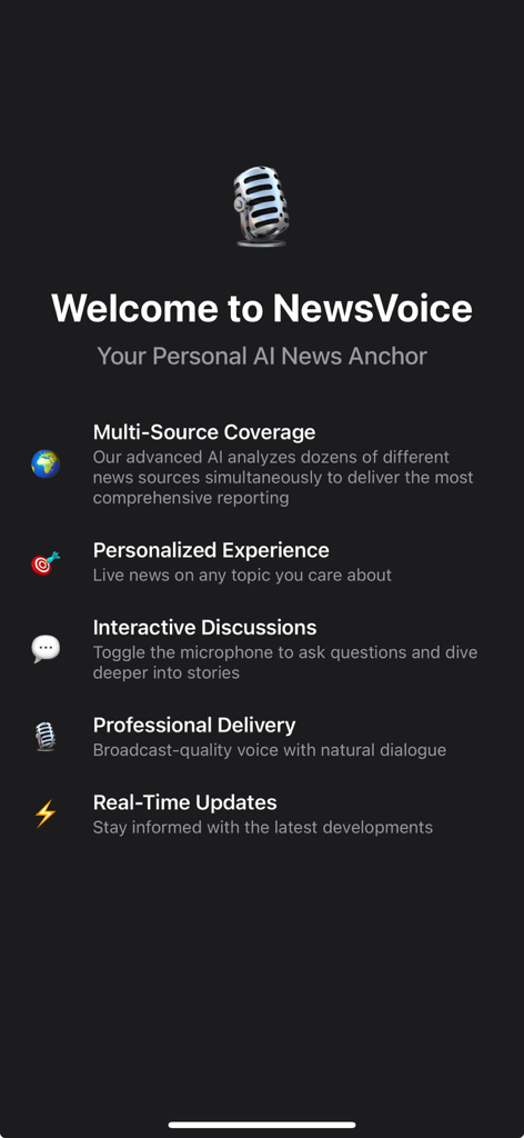 Willkommensbildschirm für den NewsVoice KI-Nachrichtensender, der Kernfunktionen wie Multi-Source-Abdeckung und interaktive Nachrichtenbesprechungen zeigt