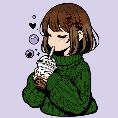 manga girl drinking boba in cozy sweater