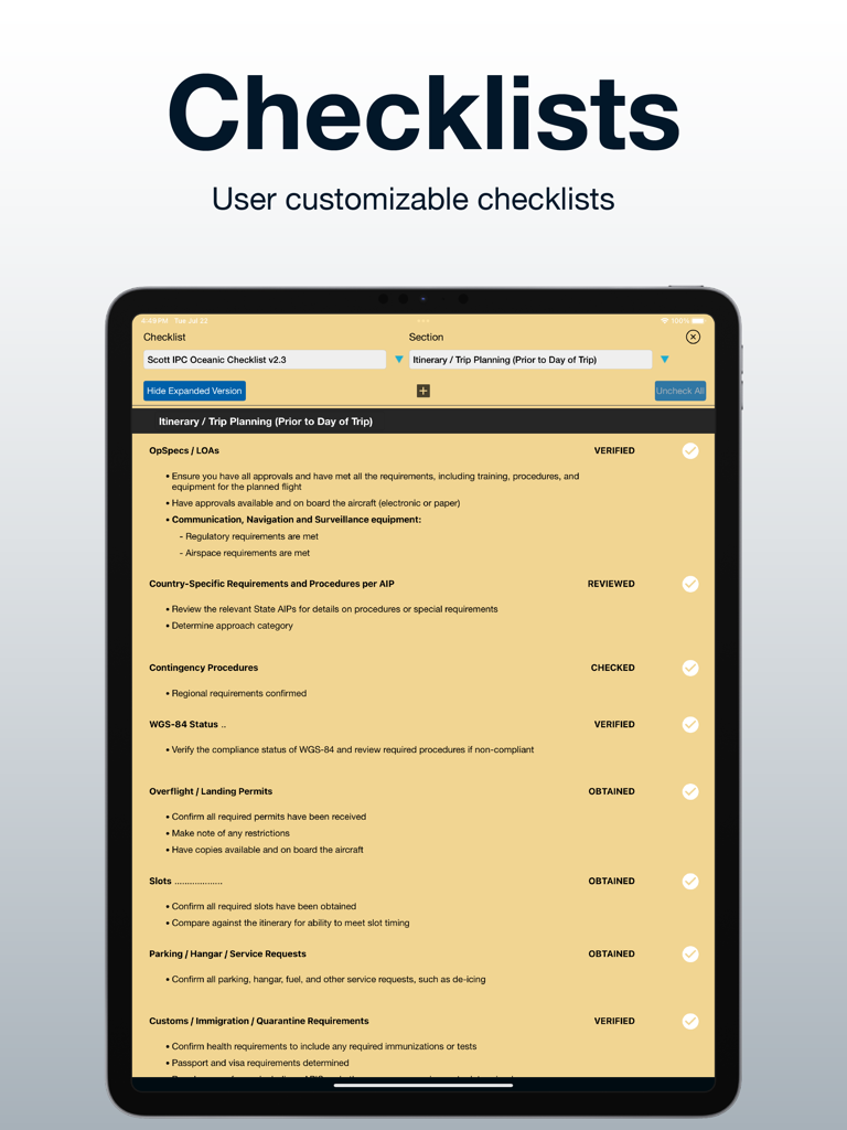 Digital aviation checklist on an iPad screen for international flight planning in the Scott IPC app