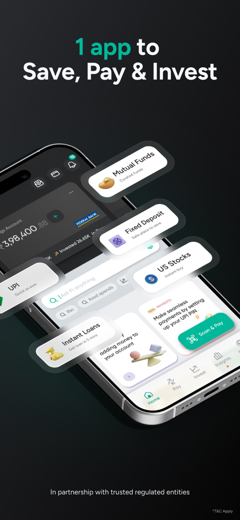 Smartphone screen showing the Fi Money app interface with floating icons for mutual funds, fixed deposits, US stocks, and UPI payments