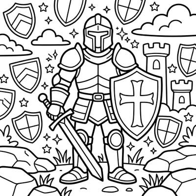 Introduce your toddler to a world of medieval adventure with this adorable feudal knight coloring page. Its thick lines and simple shapes are perfect for developing fine motor skills and sparking imagination.