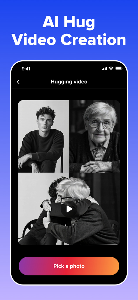 GoPhoto:AI Photo & Video Maker - Screenshot of GoPhoto app showing the AI Hug video creation feature which animates two separate photos into a single video of a hug.