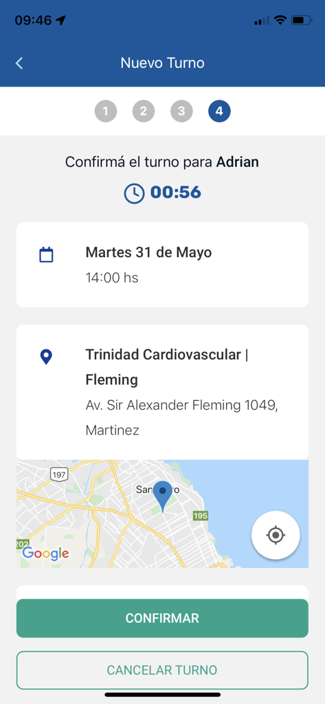 Sanatorios de la Trinidad - Pantalla de confirmación de turno médico en la app móvil Sanatorios de la Trinidad que muestra fecha, hora y detalles de ubicación