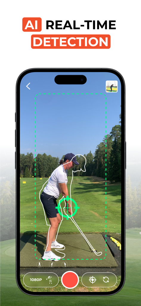 UpT: Your Golf Coach & AI - Pantalla de la aplicación móvil que muestra la función de detección de swing en tiempo real de IA de UpT Golf con superposiciones de seguimiento esquelético en un golfista.