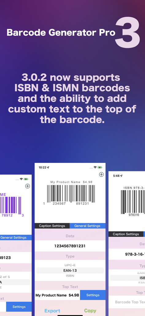 カスタムキャプション付きのISBNおよびEAN-13コードを作成するためのプロフェッショナルバーコードジェネレーターアプリのインターフェース。