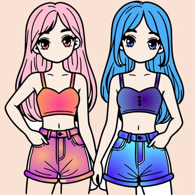 two sisters with crop tops and jean shorts and straight hair