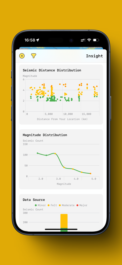 QuakeSense - Earthquake Alerts - Interfaz de la aplicación QuakeSense mostrando gráficos de distribución de distancia sísmica y frecuencia de magnitud.