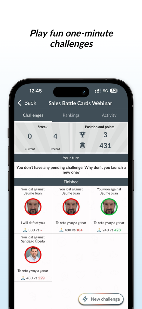 Atrivity app interface showing one-minute sales challenges, player streaks, and competitive rankings against colleagues.