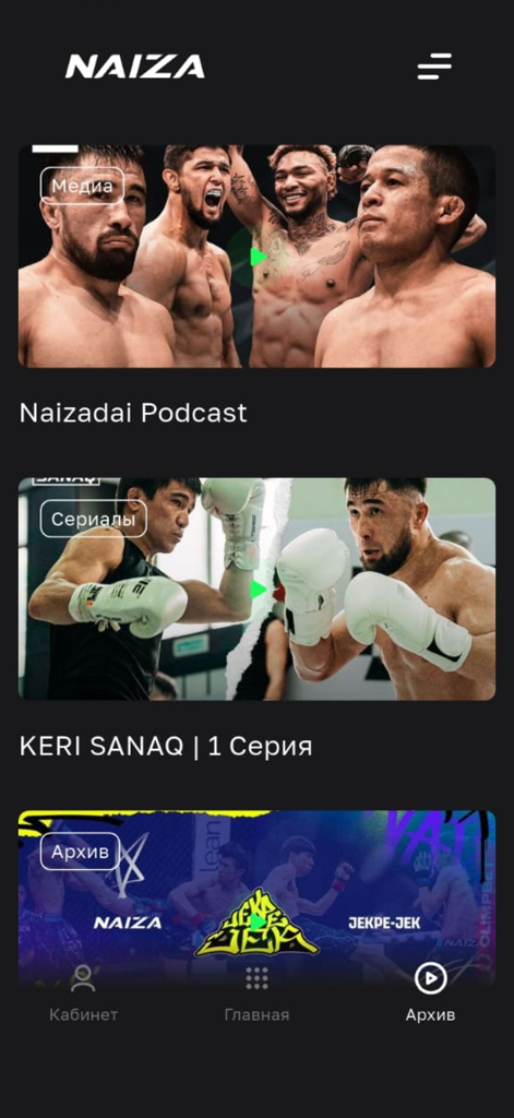NAIZA TVアプリのインターフェース。MMAポッドキャストやファイティングチャンピオンシップシリーズが表示されています。