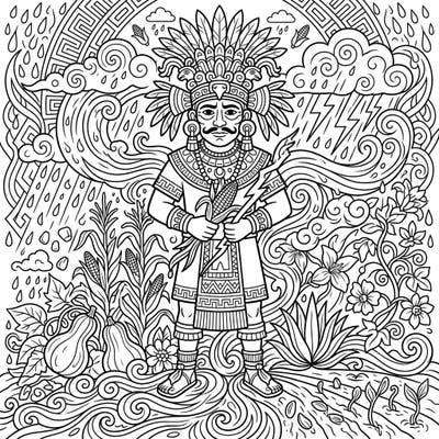 Explore the ancient world of Aztec mythology with this detailed coloring page featuring Tlaloc, the powerful god of rain, fertility, and agricultural abundance. Immerse yourself in a scene rich with thematic elements like falling rain, swirling clouds, thriving cornfields, and flowing water, offering a captivating artistic journey.