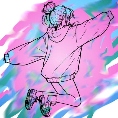 realistic girl jumping with a bun and oversized sweatshirt