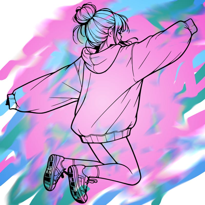 realistic girl jumping with a bun and oversized sweatshirt