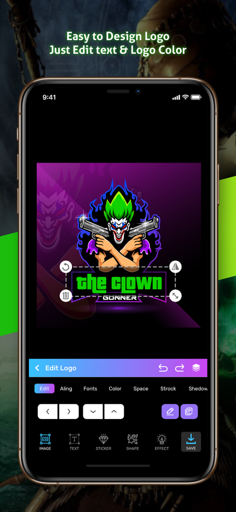 Logo Maker Esport Gaming Logo - Mobile App-Oberfläche, die die Bearbeitung eines Esport-Maskottchen-Logos mit einer Clownfigur mit Waffen zeigt.