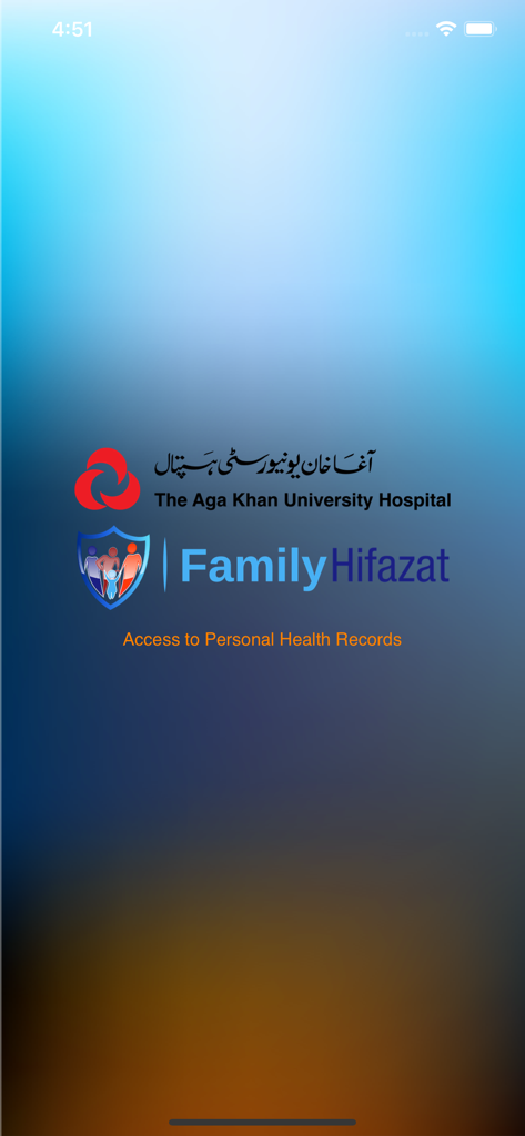 Family Hifazat - Family Hifazat app splash screen featuring the Aga Khan University Hospital logo and health records access text