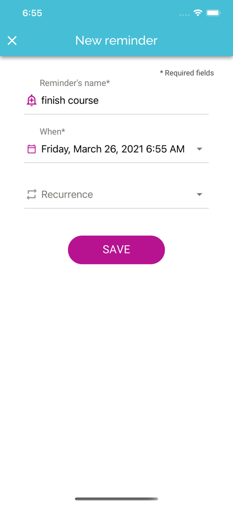 My Learning App - Interface de My Learning App montrant la configuration d'un nouveau rappel de cours avec des options de date et de récurrence.