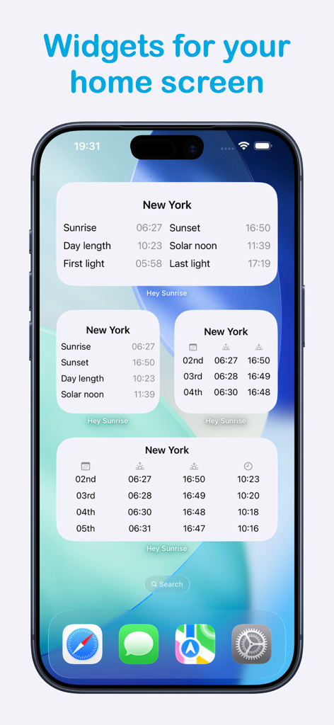 Sunrise Sunset: Times & Alarms - iPhone-Startbildschirm mit verschiedenen Widgets für Sonnenauf- und -untergangszeiten