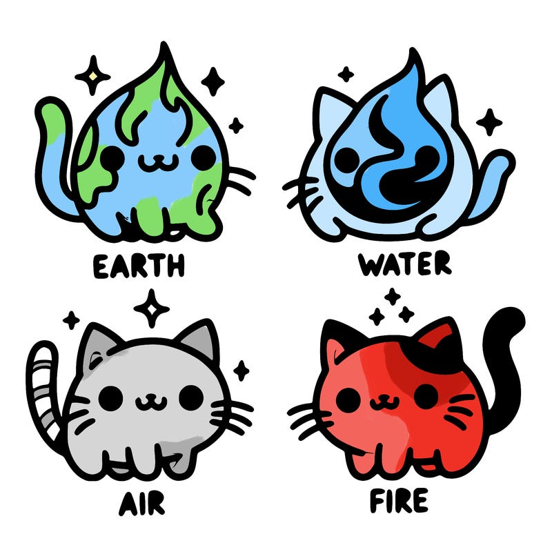 4 cats that represent the different elements, earth, water, air, and fire