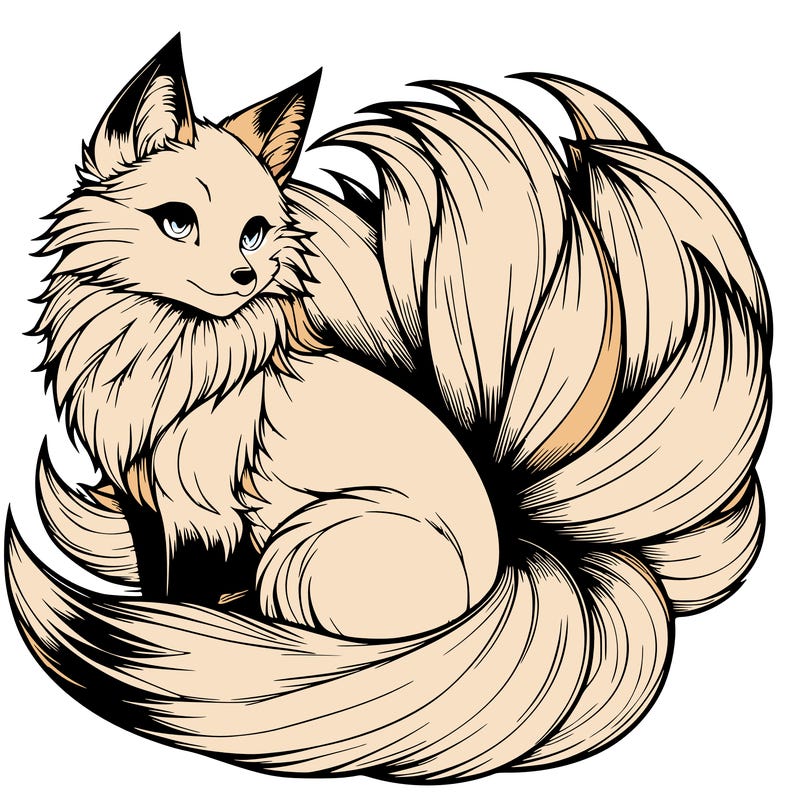 realistic detailed 9 tailed anime fox