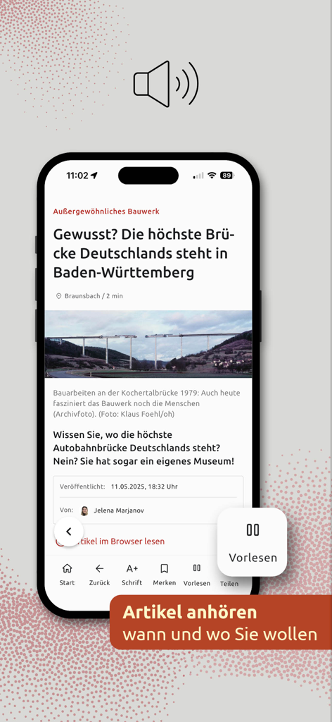 Handybildschirm der Schwäbische News-App mit Artikel-Vorlesefunktion zum Anhören von Nachrichten